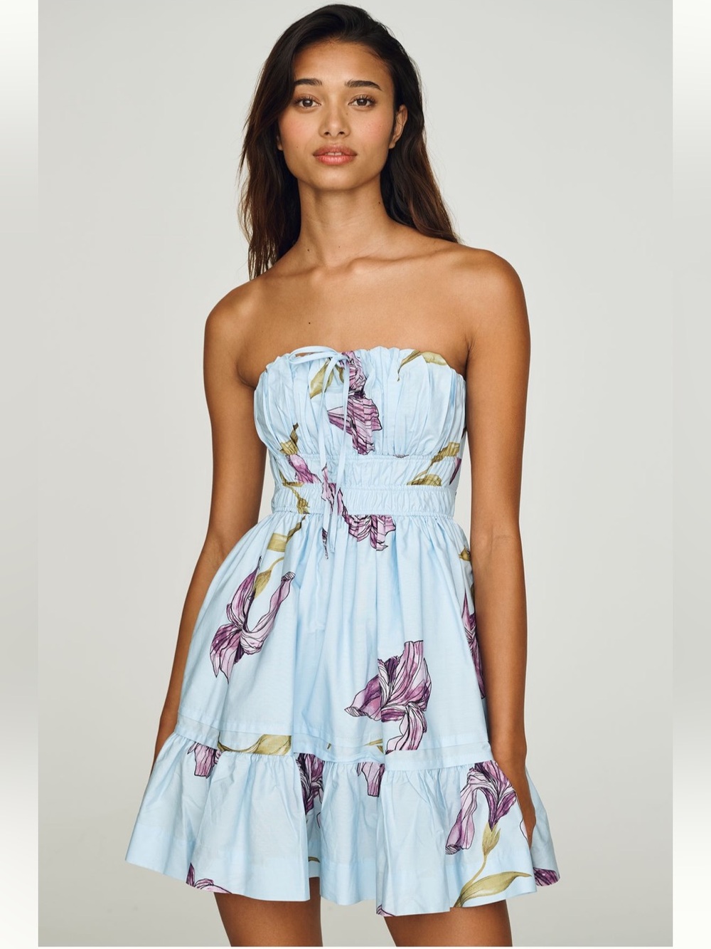 Anthropologie Somerset Light Blue Strapless Floral Tie-Front Sundress